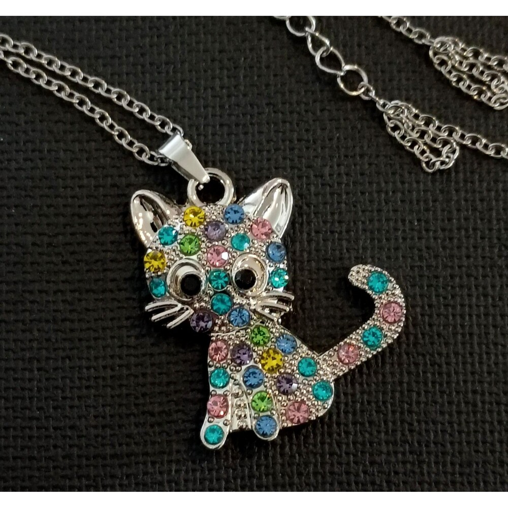 Silver Colorful Rhinestones Metal Kitty Cat Pendant Necklace with Chain